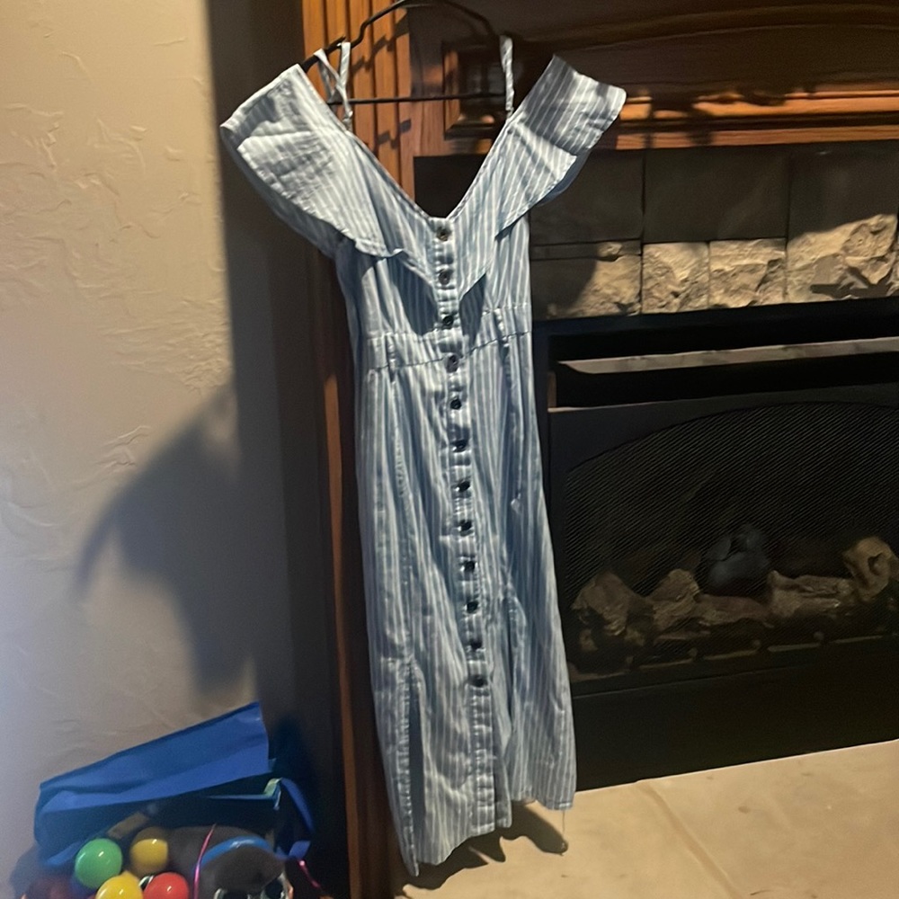L&B Striped Cold Shoulder Button Down Dress